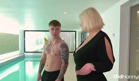 Mature in Lingerie Blows Tattooed Guy by the Pool